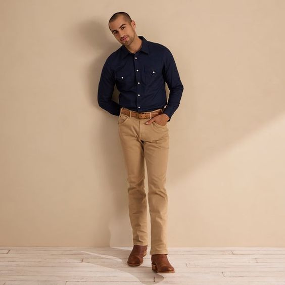 Navy Button-Up with Khaki Pants and Brown cowboy Boots